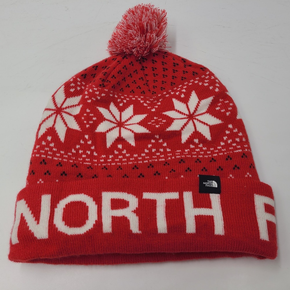 The North Face Hat Beanie Red White Snowflakes Pom Cuffed Knit Stocking Cap Men